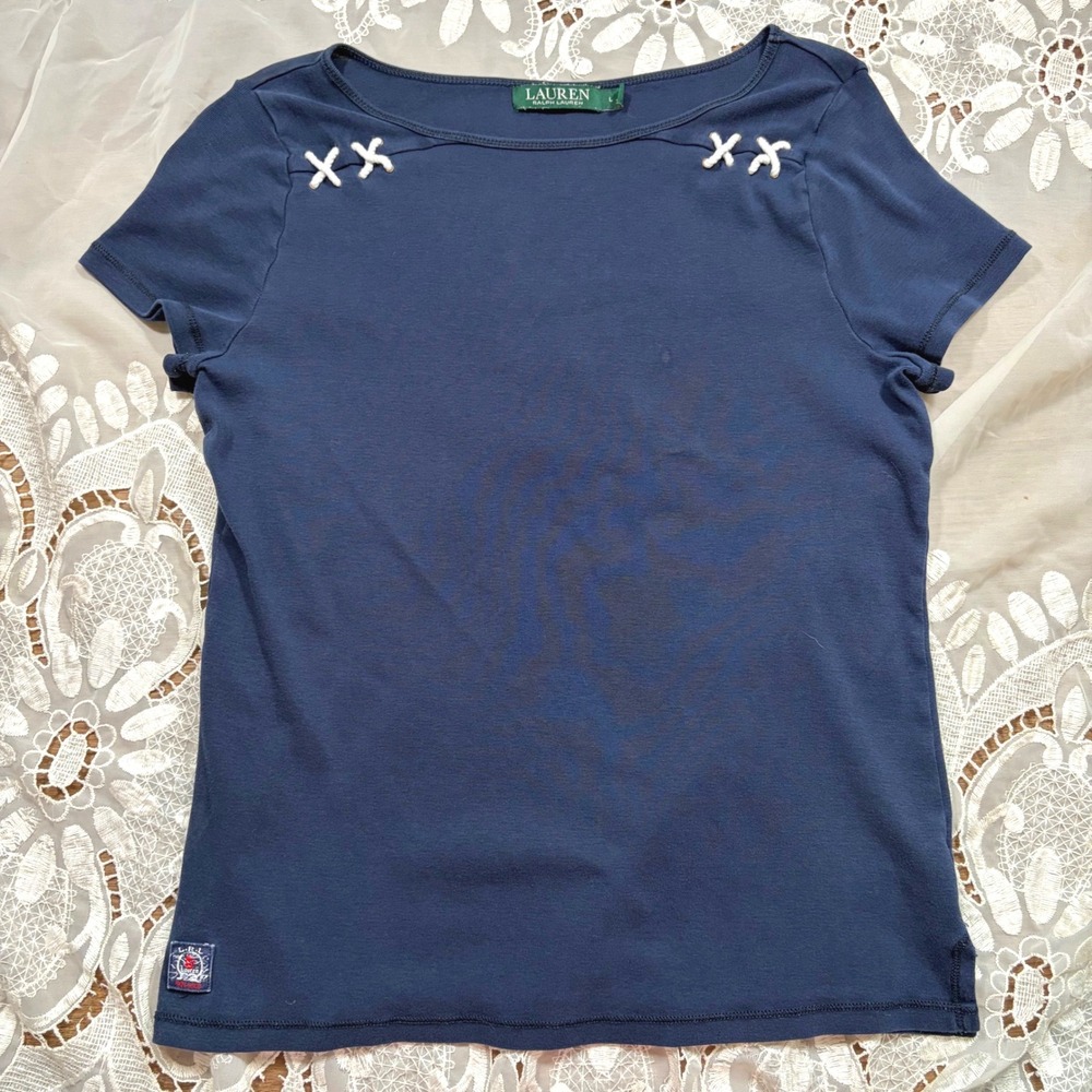 Lauren Ralph Lauren Navy Blue Boat Neck Short Sleeve Top Cross Stitch LRL Large